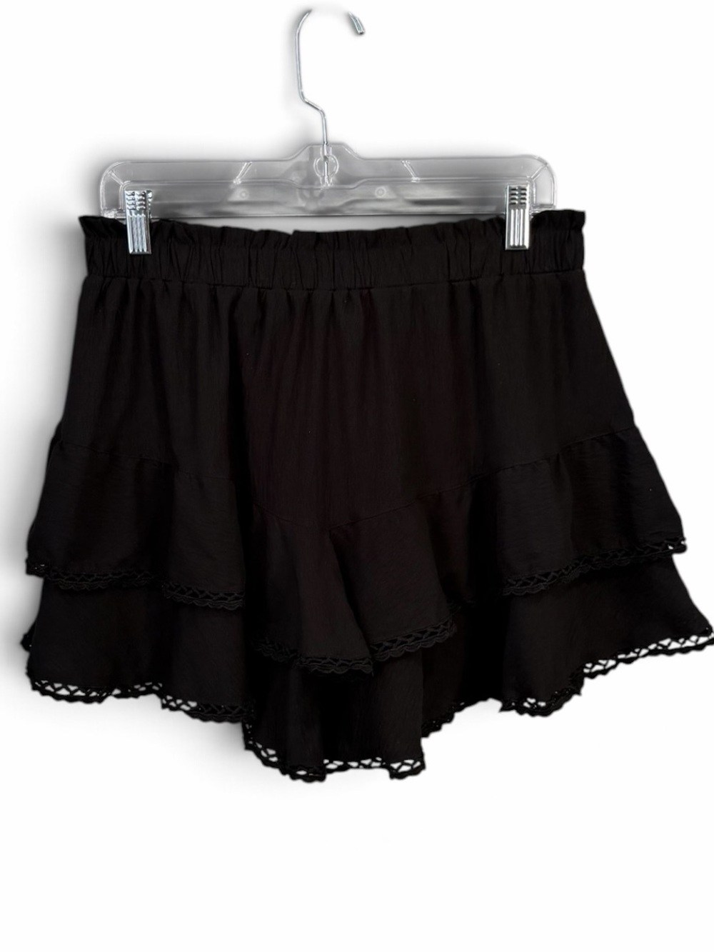 Women’s Black Boho Tiered Ruffle Crochet Lace Trim Skort Large